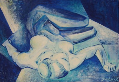 Acrylgemälde einer liegenden Frau in kräftigen in Türkis- und Blautönen 